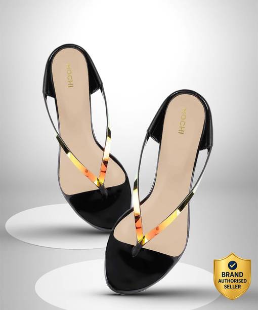 Women Gold-Toned&BlackSolidKitten Heels Sandal