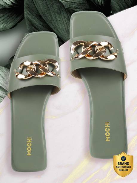 Women Green&Gold-TonedOpenToeFlatswithBuckles Flats Sandal