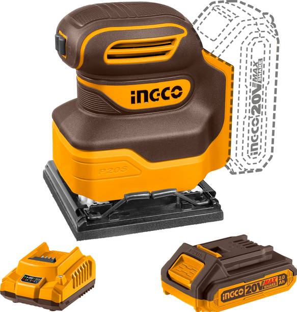 INGCO 20V Cordless Sheet Sander, 12000rpm with 2.0Ah Battery a Charger, 5 Sand Papers, Bottom Size 110mmx100mm, 4.3 inch Random Orbital Sander