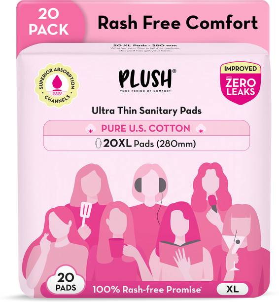 PLUSH 100% Pure U.S. Cotton Rash Free, Heavy Flow (20 XL Pads - 280mm) Sanitary Pad