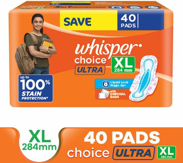 Whisper CHOICE ULTRA XL, UPTO 100% STAIN PROTECTION ALL DAY Sanitary Pad