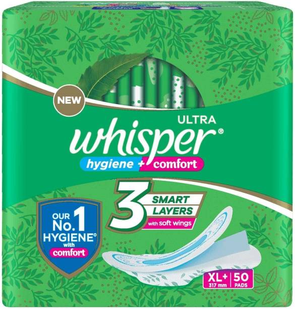 Whisper ULTRA HYGIENE+COMFORT, 3-SMART LAYERS WITH SOFT WINGS XL+ 50 PADS Sanitary Pad