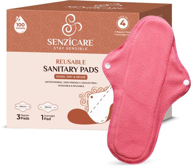 सेंज़िकेयर महिलाओं के लिए रियूज़ेबल सैनिटरी क्लॉथ पैड्स (3 रेगुलर पैड्स 1 ओवरनाइट पैड) धोने योग्य सैनिटरी पैड