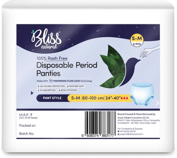 BlissNatural Disposable Peroid Panties Pull-Up Pant (S-M) 24-40 Inch | 360 Degree Protection Sanitary Pad