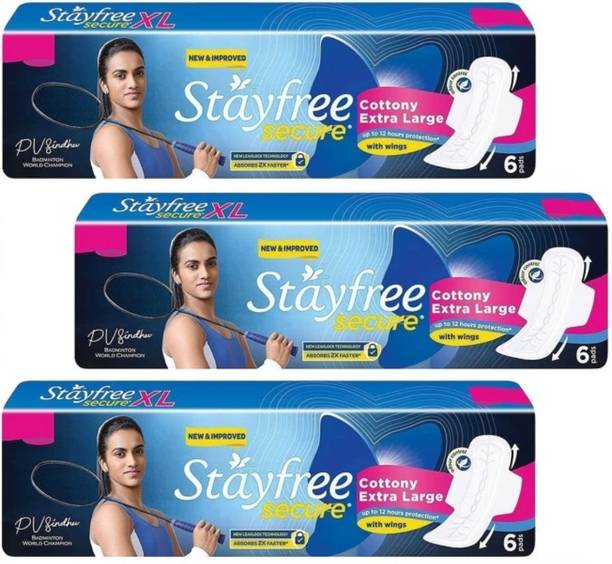 STAYFREE Secure Cottony Soft XL Wings Sanitary Pads For Women, (6+6+6 Napkins) Sanitary Pad