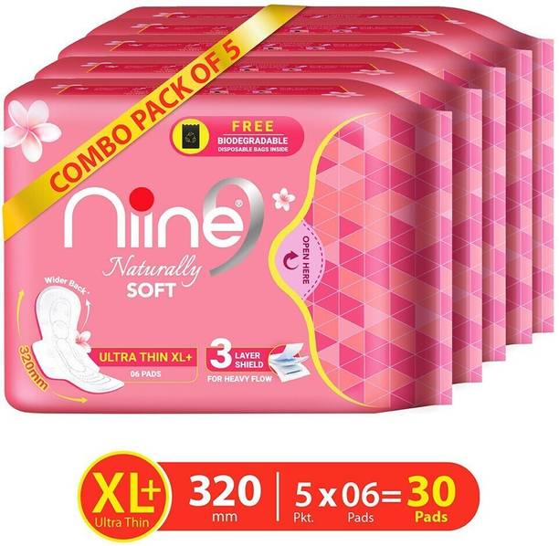 niine Naturally Soft Ultra Thin XL+, Sanitary Pads for heavy Flow with Disposal Bags Sanitary Pad