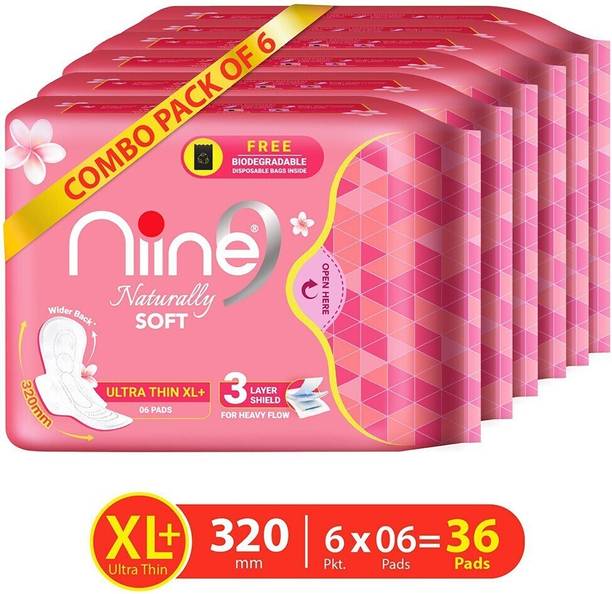 निन Naturally Soft Ultra Thin XL+, Sanitary Napkins with Free Biodegradable Disposal Bags Inside (Pack of 6), 36 Pads सैनिटरी पैड