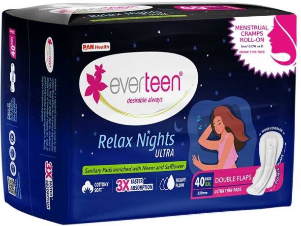 everteen XXL Relax Nights Ultra Thin 40 Sanitary Pads with Menstrual Cramp Roll-On 1 Pack Sanitary Pad