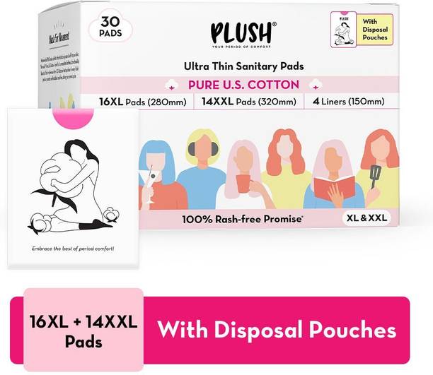 PLUSH Ultra Thin Sanitary Pads 100% US Cotton Rash-free | 16XL +14XXL + 4 Liners Sanitary Pad