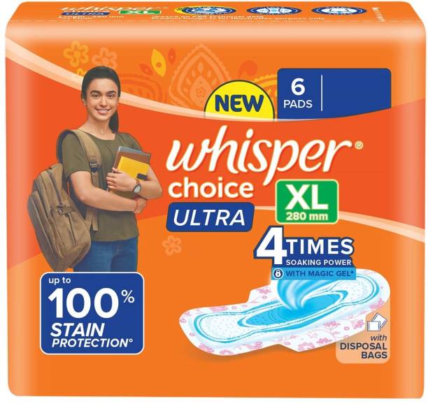 Whisper CHOICE ULTRA XL, UPTO 100% STAIN PROTECTION ALL DAY Sanitary Pad