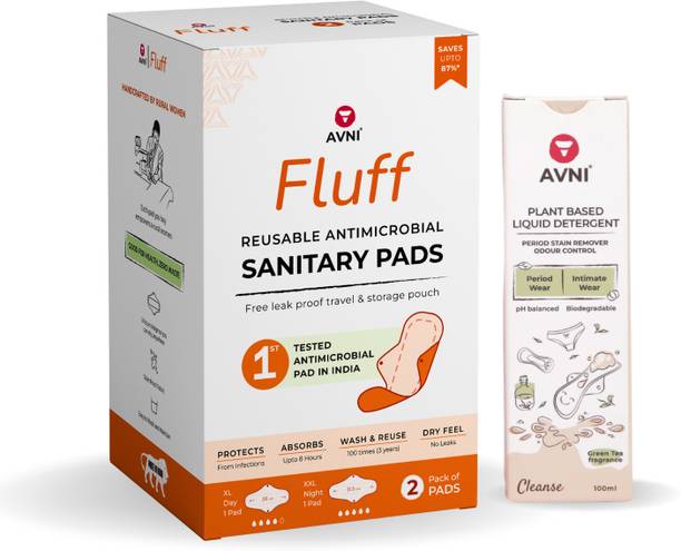 Avni Fluff Washable Cloth Pads, (R- 240MM x 2) + Period Wear Wash-100ml_Combo Sanitary Pad