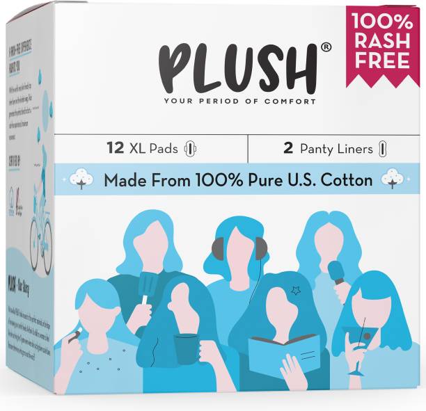 PLUSH ALL XL 100% Pure U.S. Cotton Rash Free with 12XL (310mm)Pads , 2 Liners(150mm) Sanitary Pad