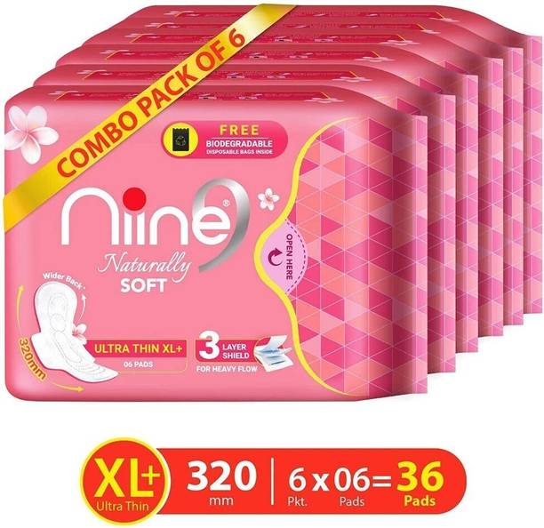 niine Naturally Soft Ultra Thin XL+, Sanitary Napkins with Free Biodegradable Disposal Bags Inside (Pack of 6), 36 Pads Sanitary Pad