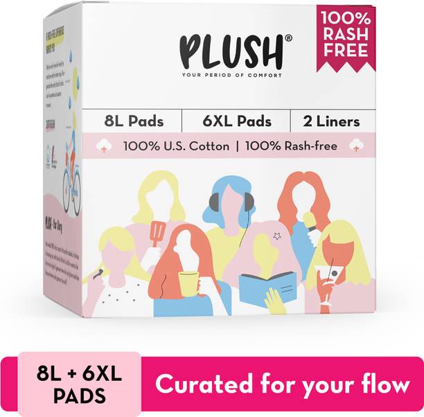 PLUSH 100% Pure U.S. Cotton Rash Free (8L + 6XL) Sanitary Pad