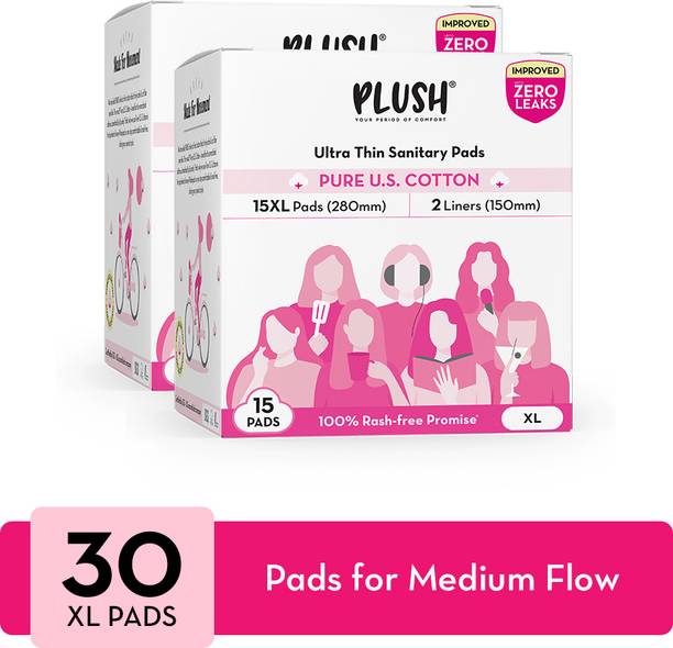 PLUSH 100% U.S. Cotton Sanitary Pads| XXL pads-320 mm | Pack of 15 * 2 (Pack of 30) Sanitary Pad