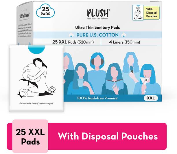 PLUSH Ultra Thin Sanitary Pads 100% US Cotton Rash-free | 25XXL + 4 Liners Sanitary Pad