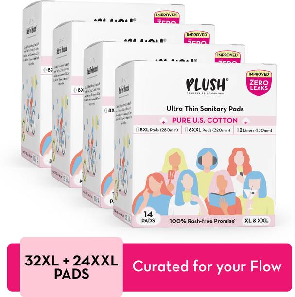 PLUSH Ultra Thin Cotton Sanitary Pads - XL+XXL Pads(Curated pack of 4*16) (Pack of 64) Sanitary Pad