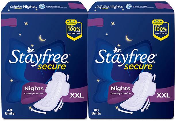 STAYFREE Secure Nights Cottony Comfort XXL 40| Upto 100% leakage protection| Odor Control Sanitary Pad