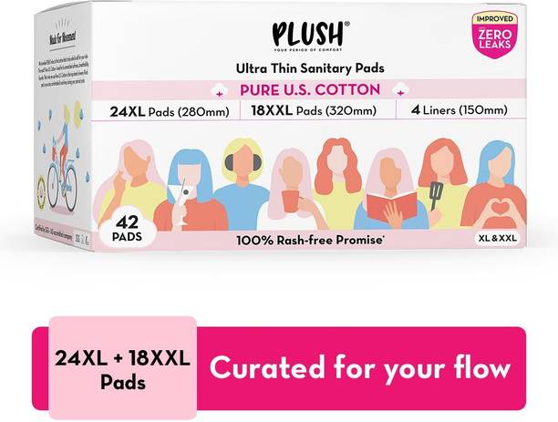 PLUSH Ultra Thin Sanitary Pads 100% US Cotton Rash-free | 24XL +18XXL + 4 Liners Sanitary Pad