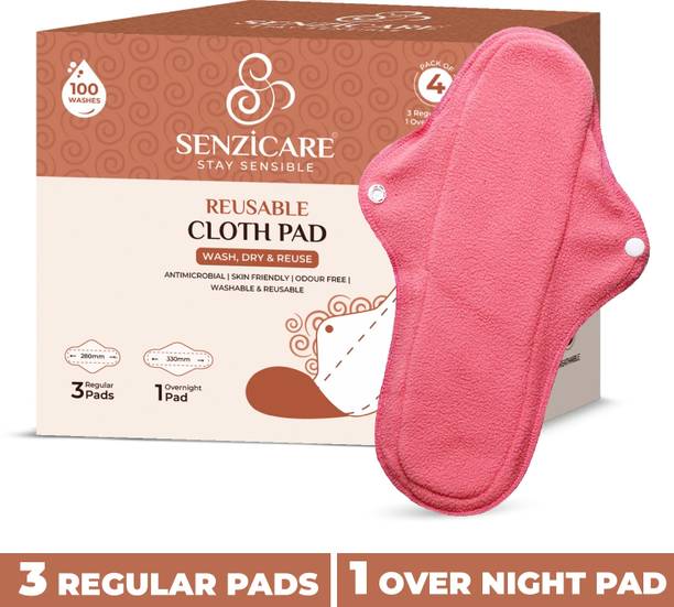 Senzicare Reusable Sanitary Cloth Pads for Women (3 Regular Pads+1 Overnight Pad)Washable Sanitary Pad