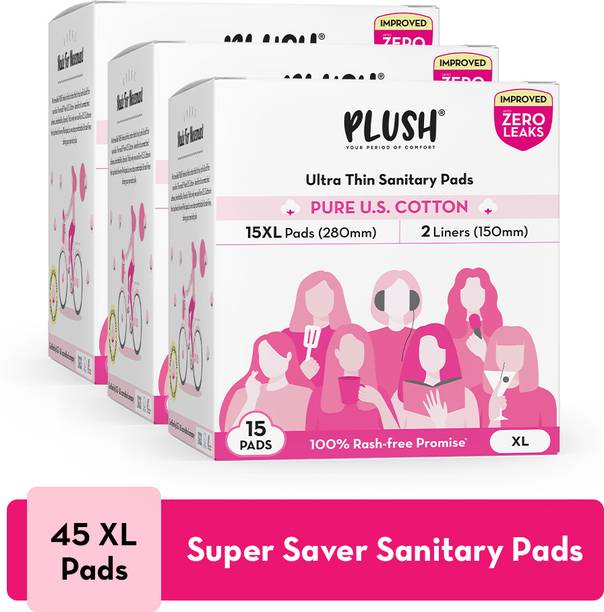 PLUSH 100% Pure U.S. Cotton Rash Free, Heavy Flow (45 XL Pads & 6 Liners) Sanitary Pad