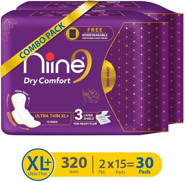 niine Dry Comfort Ultra Thin XL+ SUPER SAVER Sanitary Napkins with Biodegradable bags inside, 30 Pads Count for HEAVY FLOW Sanitary Pad