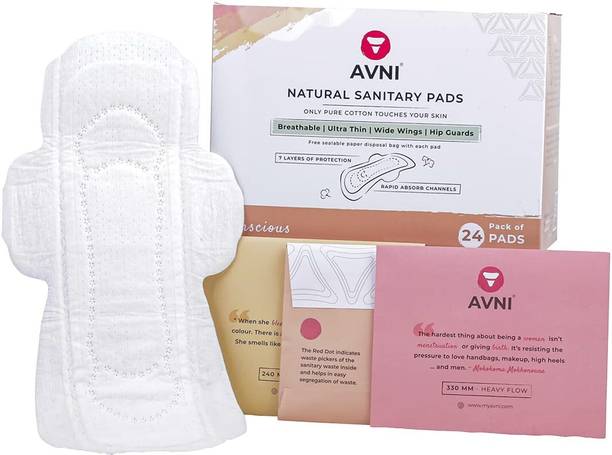 Avni Natural Cotton 240MM Sanitary Pads (R, Pack of 24 ) with Paper Disposal Bags | Low flow Sanitary Pad