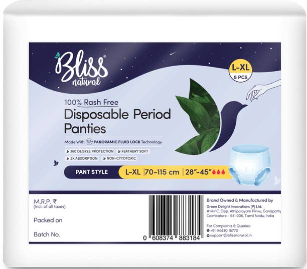 BlissNatural Disposable Peroid Panties (L-XL) 28-45 Inch | Pull-Up Pant With Extreme Comfort Sanitary Pad