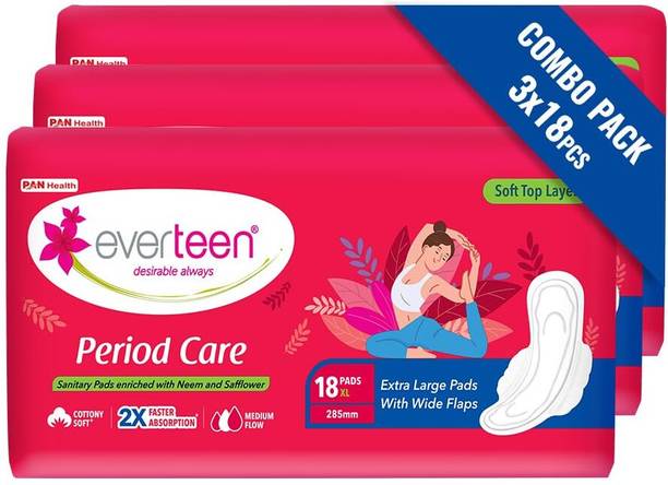 everteen Soft XL 54 Sanitary Pads, 285mm, Medium Flow, Leak Protection, Pack of 3 Sanitary Pad