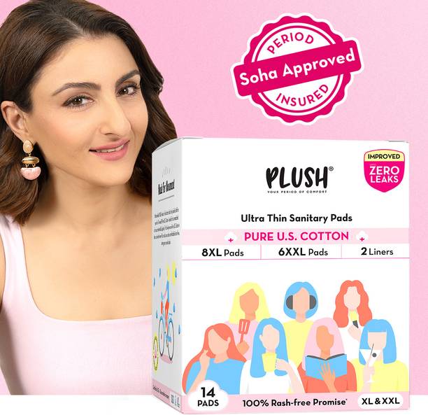 PLUSH 100% Pure U.S. Cotton Rash Free , Heavy flow (8XL + 6XXL+ 2 Liners) Sanitary Pad