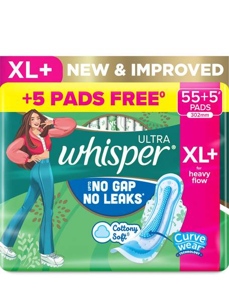 Whisper Ultra Upto No Gap No Leaks* Sanitary Pads, 60 XL+ Pads Sanitary Pad