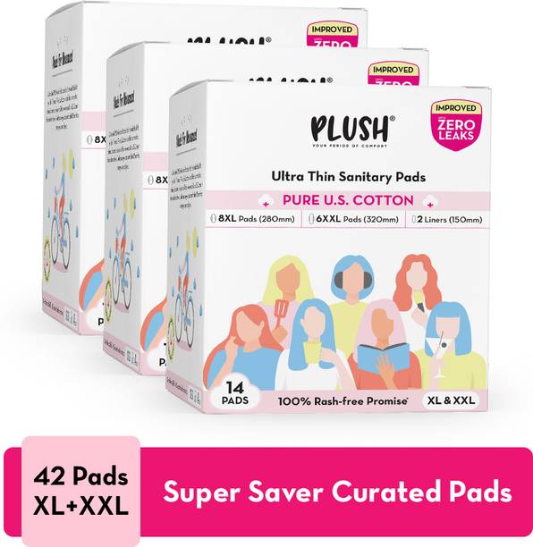 PLUSH 100% Pure U.S. Cotton Rash Free , Heavy flow (824XL + 18XXL+ 6 Liners) Sanitary Pad