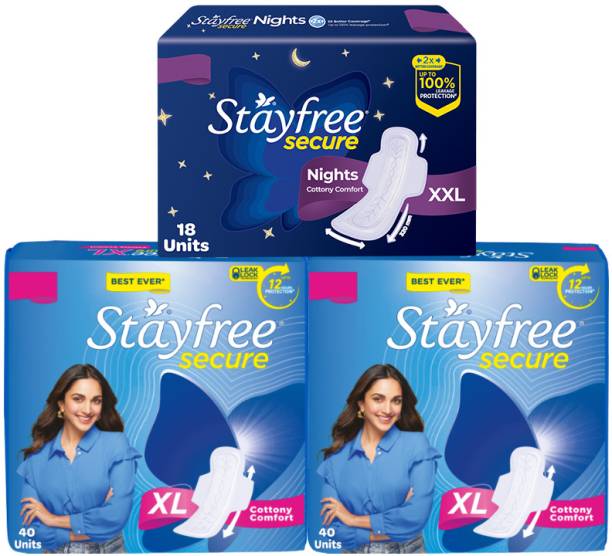 STAYFREE Secure Cottony Comfort XL 40 (pack of 2)+ Secure Nights XXL 18| Day & Night Pack Sanitary Pad