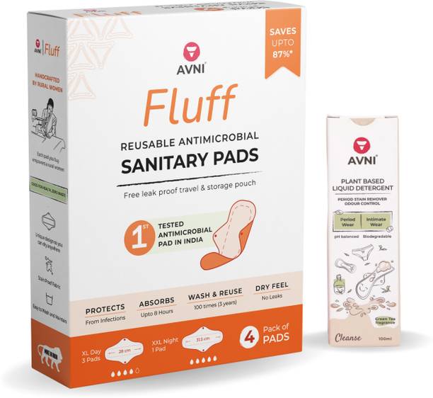 Avni Fluff Washable Cloth Pads, 4s (3 L + 1 XL) + Period Wear Wash-100ml_Combo Sanitary Pad