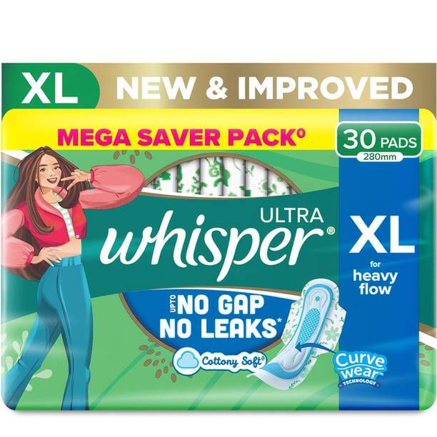 Whisper Ultra Upto No Gap No Leaks* Sanitary Pads, 30 XL Pads Sanitary Pad