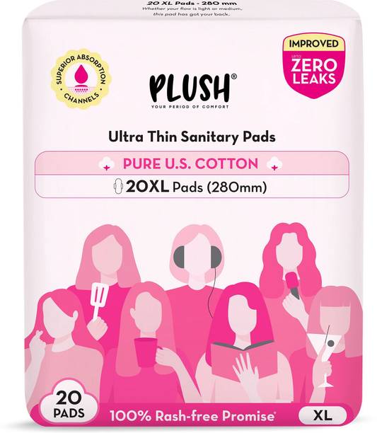 प्लश 100% Pure U.S. Cotton Rash Free, Heavy Flow (20 XL Pads - 280mm)
