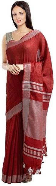 Aamir Fashion Textile Solid/Plain Bhagalpuri Handloom Linen, Cotton Blend Saree
