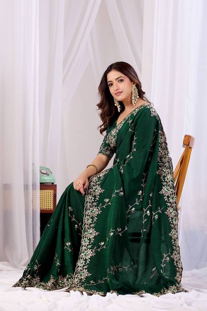 Floral Print, Embellished, Embroidered, Self Design Bollywood Tissue Saree