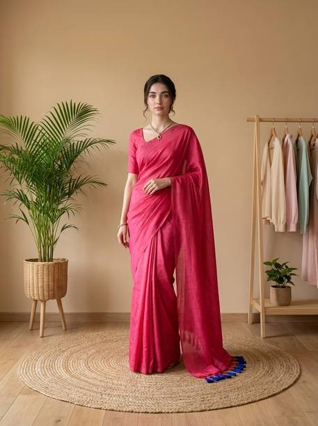 ADUKIAZ Solid/Plain Bollywood Cotton Blend Saree