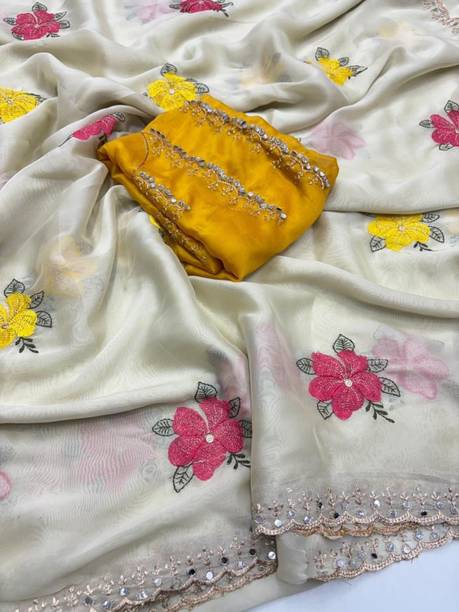 Embroidered, Floral Print, Solid/Plain Bollywood Pure Silk Saree