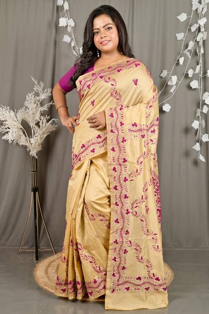 HARNARMADE Floral Print Kantha Cotton Silk Saree