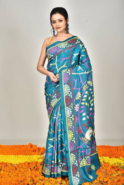 Ramshyam Collection Embroidered, Floral Print, Graphic Print Kantha Pure Silk Saree
