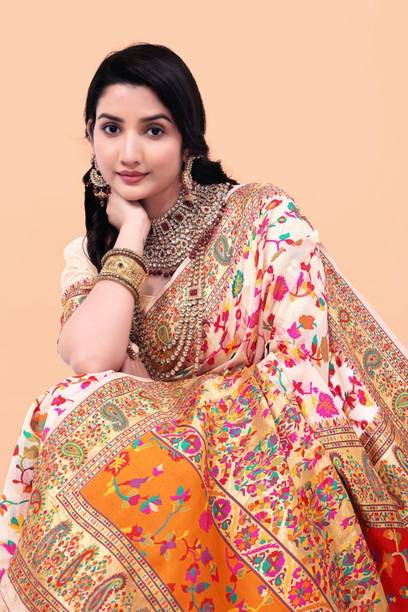 Aksh Fashion Floral Print Bollywood Jacquard, Semi-Pashmina Saree