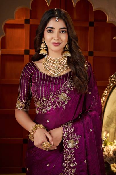 Vivan Fab Embroidered, Embellished Bollywood Tissue, Satin Saree