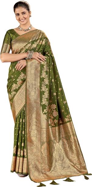 Valley Woven Banarasi Pure Silk Saree Green, Gold