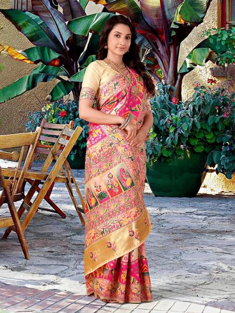 Aksh Fashion Embroidered Bollywood Jacquard, Semi-Pashmina Saree