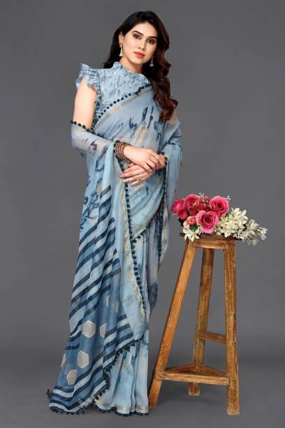 BHAGYAVATI DESIGNER Geometric Print, Printed Bollywood Cotton Linen Saree