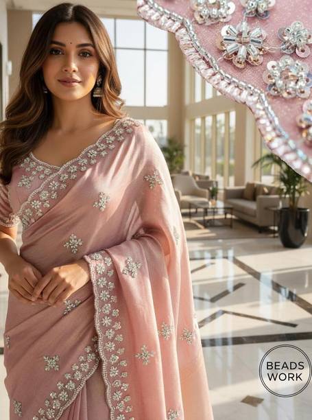 Embroidered, Embellished Bollywood Organza, Tissue Saree