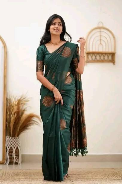 KanjiQueen Woven, Self Design Kanjivaram Silk Blend, Pure Silk Saree