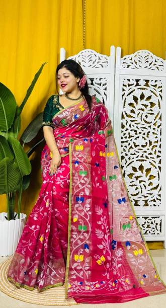 PARNA SAREE GALLERY बुना हुआ, फ्लोरल प्रिंट, टेंपल बॉर्डर जामदानी कॉटन लिनेन साड़ी